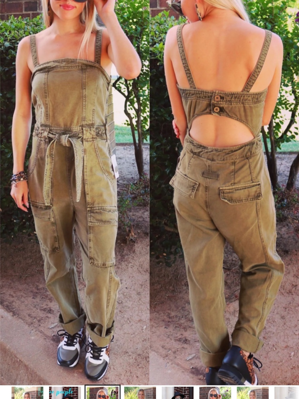 Free People Olive Utility Denim Overalls with Back Cutout